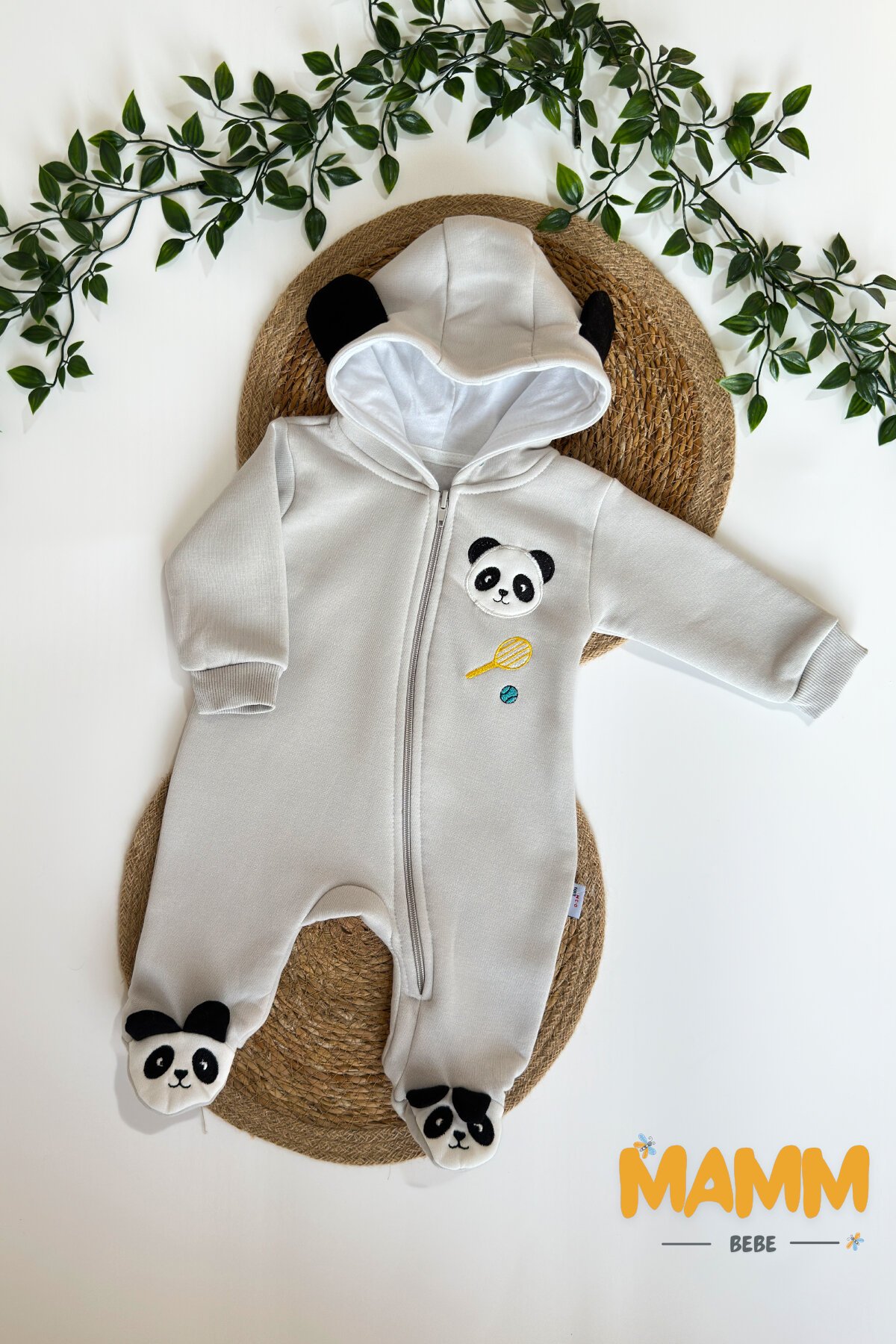 0-12 AY PANDA BASKILI ŞARDONLU KAPŞONLU TULUM GRİ