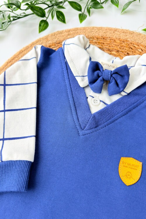 0-12 AY KARE DESENLİ PAPYONLU MANŞETLİ TULUM LACİVERT