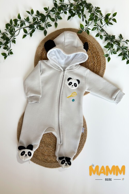 0-12 AY PANDA BASKILI ŞARDONLU KAPŞONLU TULUM GRİ