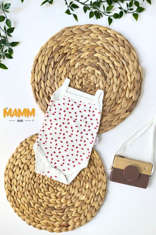 0-3-6-9 AY MİNİK ÇİLEK DESENLİ İP ASKILI ZIBIN BEYAZ