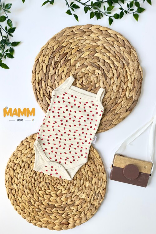 0-3-6-9 AY MİNİK ÇİLEK DESENLİ İP ASKILI ZIBIN EKRU