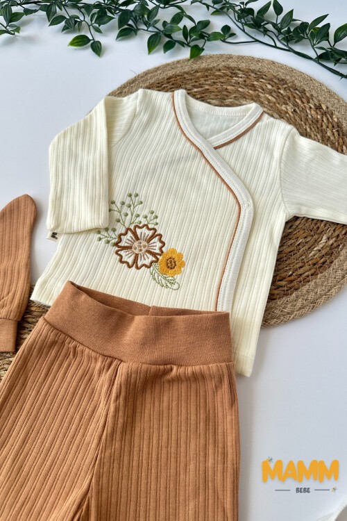 0-3 AY ÇİÇEK NAKIŞ ÜÇLÜ TAKIM TURUNCU