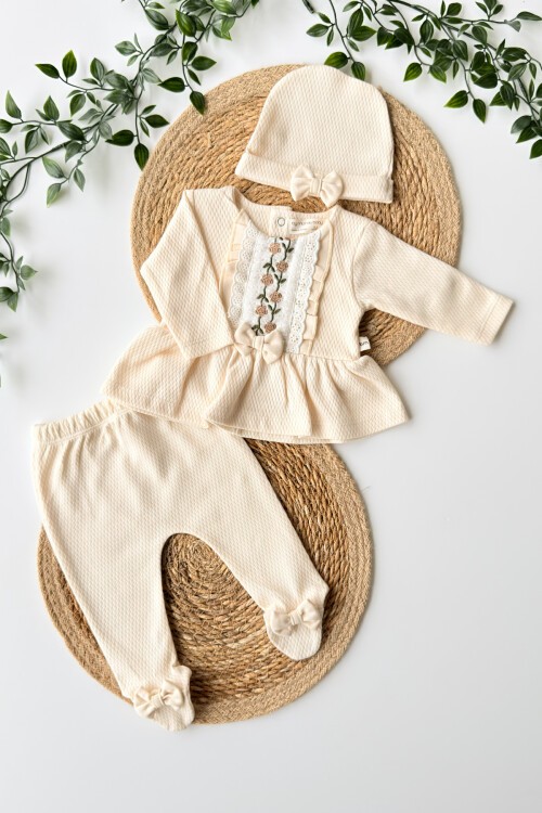 0-3 AY GÜL İŞLEMELİ ÜÇLÜ TAKIM EKRU