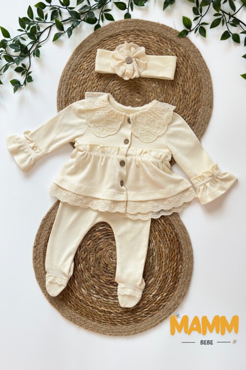 0-3 AY YAKA DETAYLI ÜÇLÜ TAKIM KREM