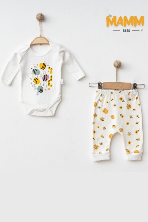 0-9 AY 2Lİ ARI DESENLİ KOLLU TAKIM BEYAZ