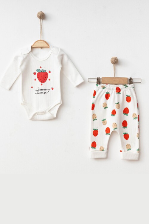 0-9 AY 2Lİ ÇİLEK DESENLİ KOLLU TAKIM BEYAZ