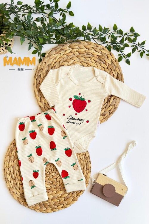 0-9 AY 2Lİ ÇİLEK DESENLİ KOLLU TAKIM EKRU