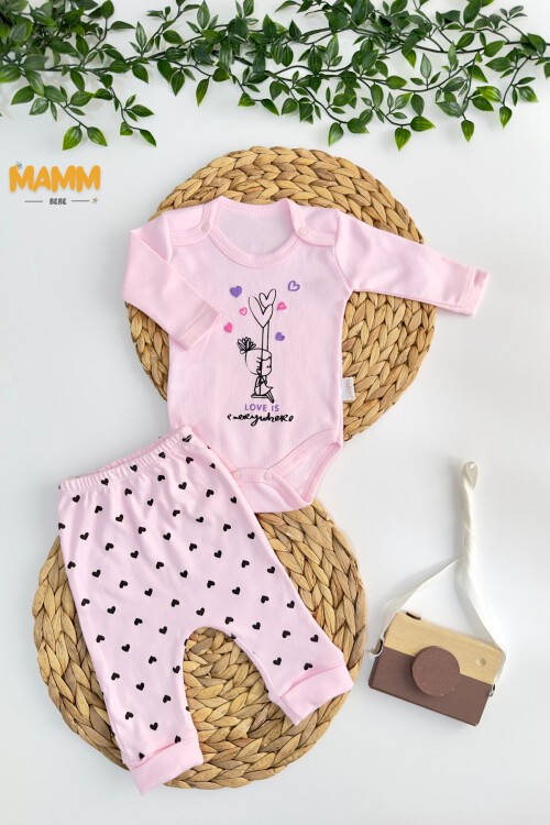 0-9 AY 2Lİ KALP DESENLİ KOLLU TAKIM PEMBE