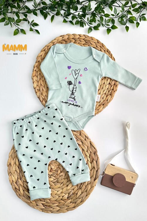 0-9 AY 2Lİ KALP DESENLİ KOLLU TAKIM YEŞİL