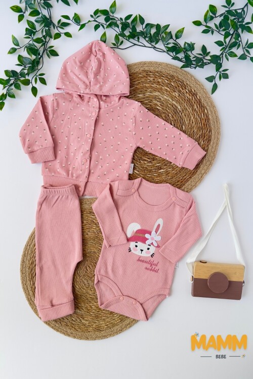 0-9 AY 3LÜ ÇİÇEK DESENLİ TAKIM PEMBE