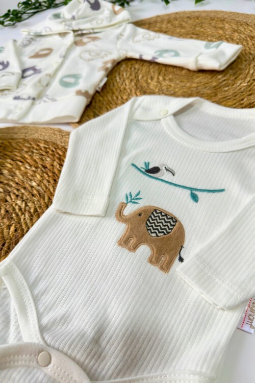 0-9 AY 3LÜ FİL DESENLİ TAKIM BEYAZ