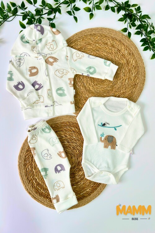 0-9 AY 3LÜ FİL DESENLİ TAKIM BEYAZ