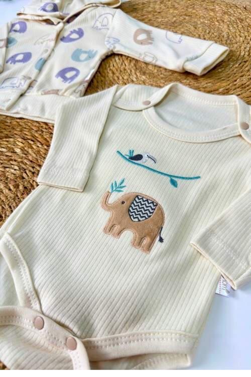 0-9 AY 3LÜ FİL DESENLİ TAKIM EKRU