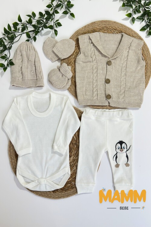 0-9 AY TRİKO YELEKLİ PENGUENLİ 6LI TAKIM KAHVE