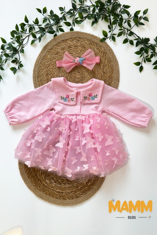 6-12-18 AY KELEBEK TÜLLÜ BANDANALI ELBİSE PEMBE