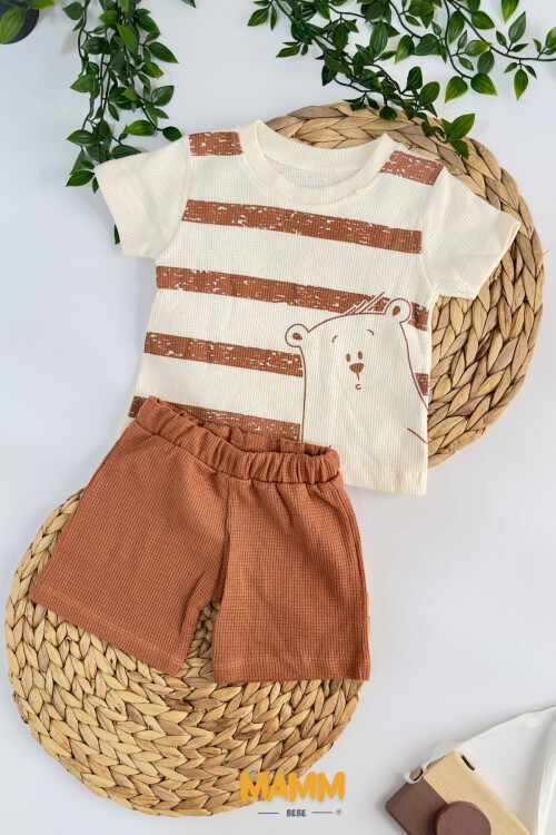 6-18 AY ÇİZGİLİ WAFFLE KUMAŞ 2Lİ TAKIM KAHVERENGİ