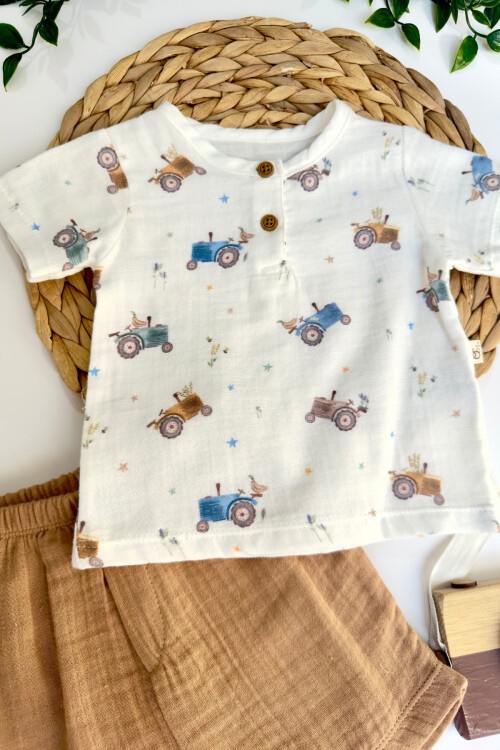 6-24 AY TRAKTÖR ŞORTLU MÜSLİN 2Lİ TAKIM KAHVE