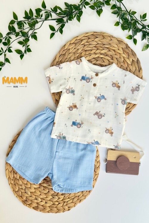 6-24 AY TRAKTÖR ŞORTLU MÜSLİN 2Lİ TAKIM MAVİ