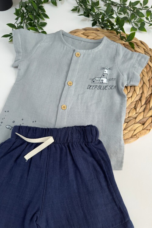 6-24 AY BİYE YAKALI BALIK BASKILI 2Lİ MÜSLİN TAKIM GRİ