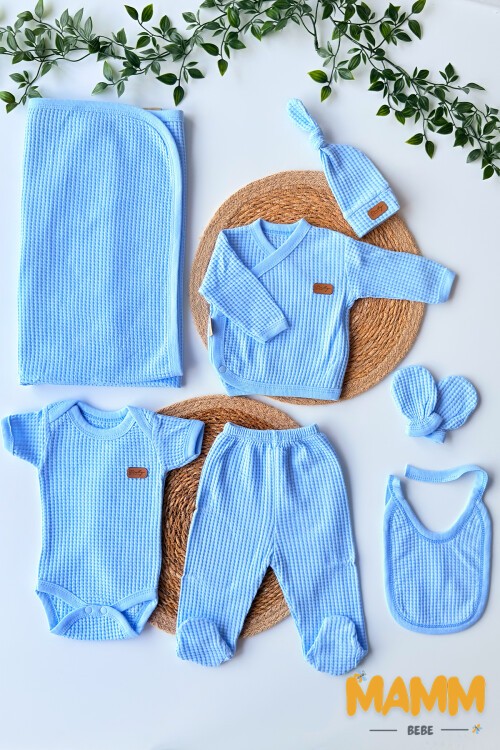 7Lİ WAFFLE HASTAHANE ÇIKIŞ SETİ MAVİ