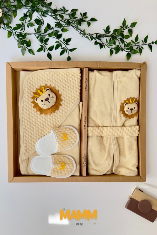 ASLANLI ORGANİK BAMBU BEBEK HAVLU BORNOZ TAKIMI