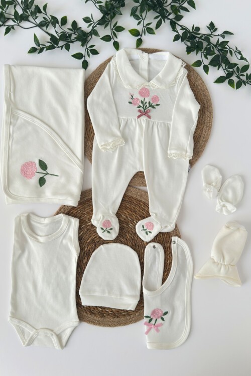 ÇİÇEK NAKIŞLI 7Lİ SET BEYAZ