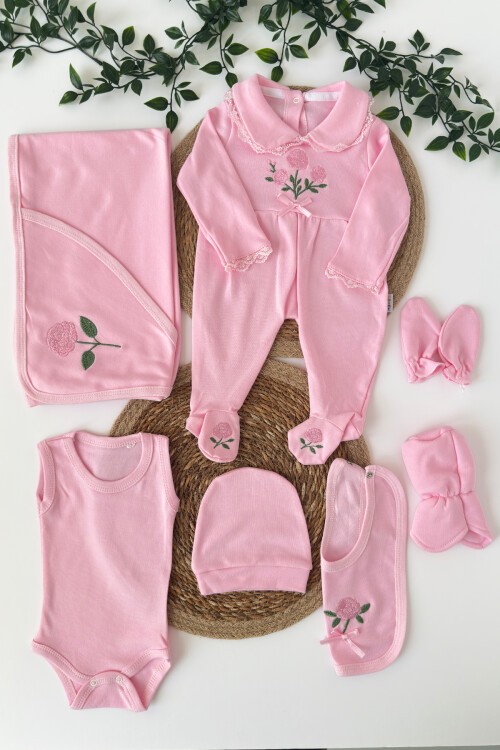 ÇİÇEK NAKIŞLI 7Lİ SET PEMBE