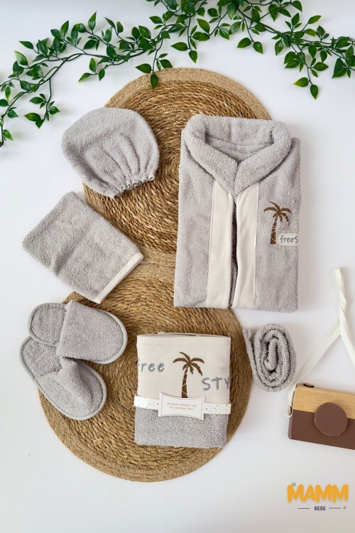 GRİ PALMİYE 5 PARÇA HAVLU BORNOZ SETİ