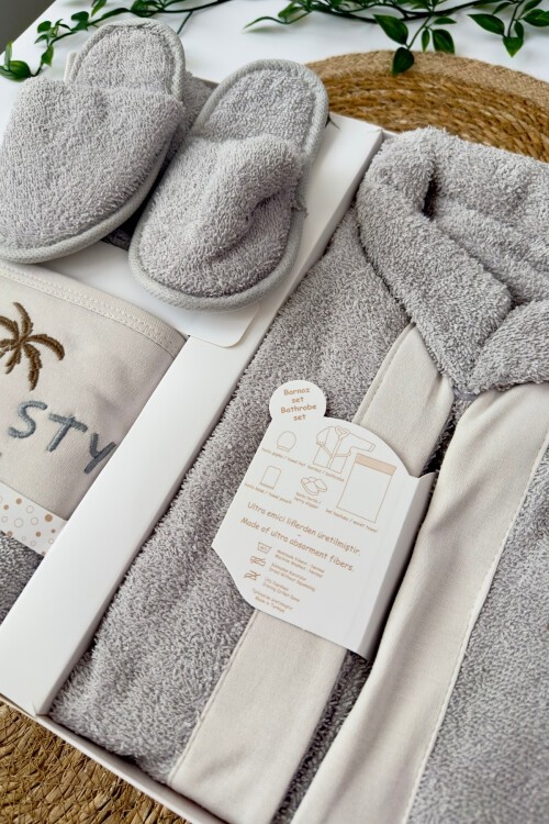 GRİ PALMİYE 5 PARÇA HAVLU BORNOZ SETİ