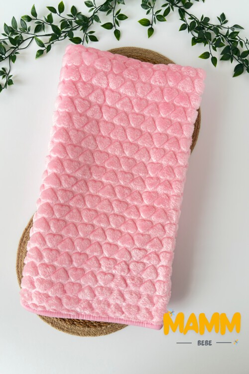 PELUŞ KALP BASKILI BATTANİYE 100*120 CM PEMBE