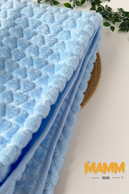 PELUŞ KALP BASKILI BATTANİYE 100*120 CM MAVİ