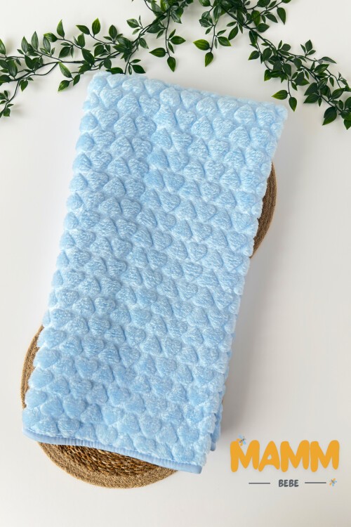 PELUŞ KALP BASKILI BATTANİYE 100*120 CM MAVİ