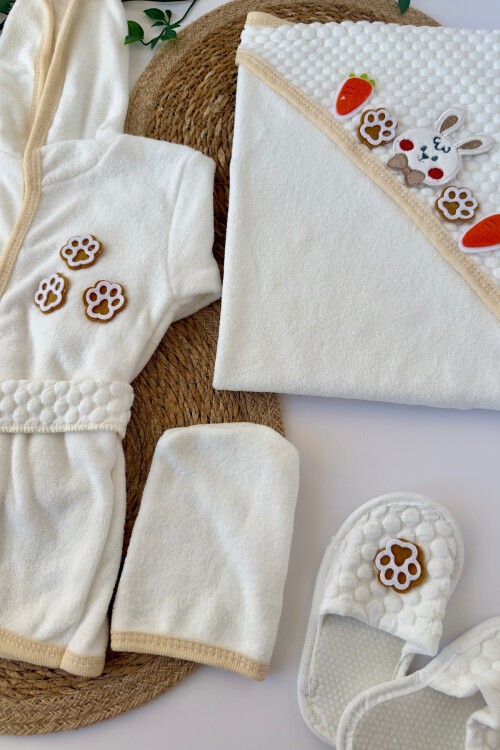 TAVŞANLI BEBEK HAVLU BORNOZ TAKIMI KREM