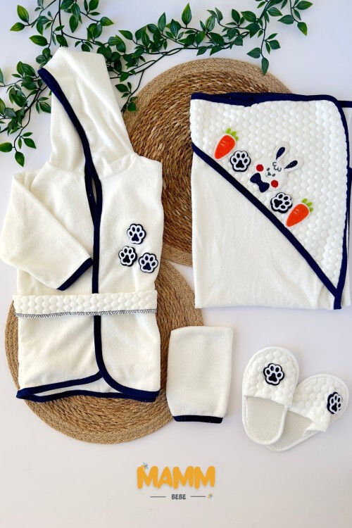 TAVŞANLI BEBEK HAVLU BORNOZ TAKIMI LACİVERT