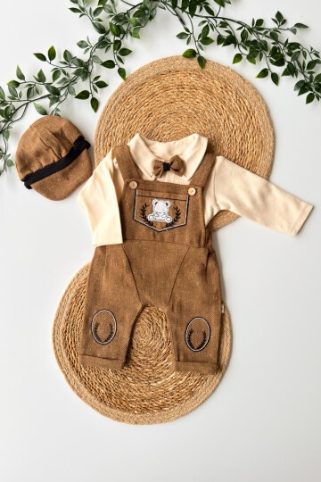 0-12 AY YAKALI ŞAPKALI SALOPETLİ MANŞETLİ TULUM KAHVERENGİ