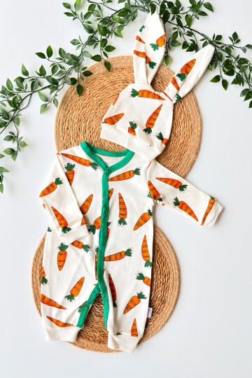 0-12 AY HAVUÇ DESENLİ ŞAPKALI MANŞETLİ TULUM