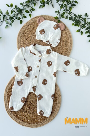 0-3 AY AYICIKLI MÜSLİN VE ŞAPKALI TULUM BEYAZ