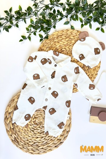 0-3 AY AYICIKLI MÜSLİN VE ŞAPKALI TULUM BEYAZ