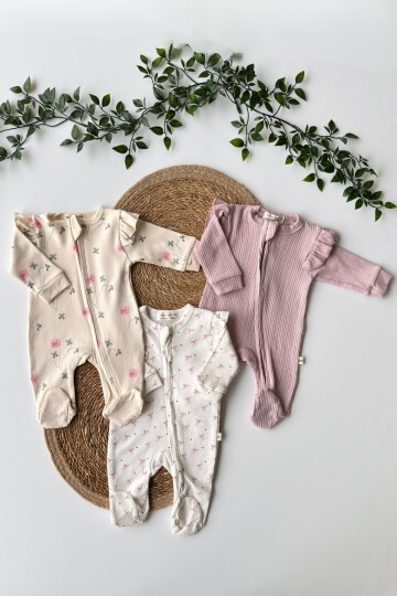 0-3 AY FİYONK DESENLİ FERMUARLI PATİKLİ ÜÇLÜ TULUM