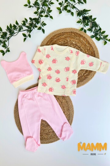 0-3 AY PEMBE ÇİÇEKLİ ÜÇLÜ TAKIM