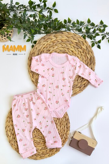 0-9 AY 2Lİ ÇİÇEK DESENLİ KOLLU TAKIM PEMBE