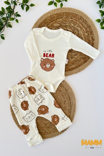 0-9 AY 2Lİ YENİ AYICIK DESENLİ KOLLU TAKIM KAHVERENGİ