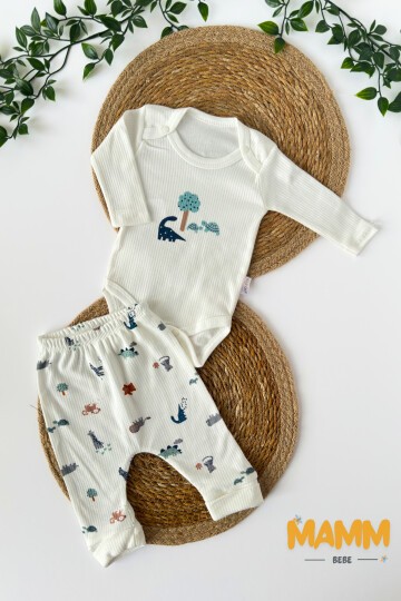 0-9 AY 2Lİ YENİ SAFARİ DESENLİ KOLLU TAKIM BEYAZ