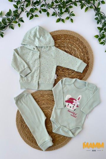 0-9 AY 3LÜ ÇİÇEK DESENLİ TAKIM ÇAĞLA YEŞİLİ