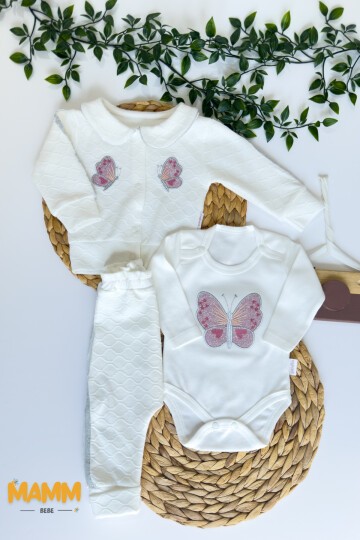 0-9 AY 3LÜ YAKALI KELEBEK NAKIŞLI TAKIM BEYAZ