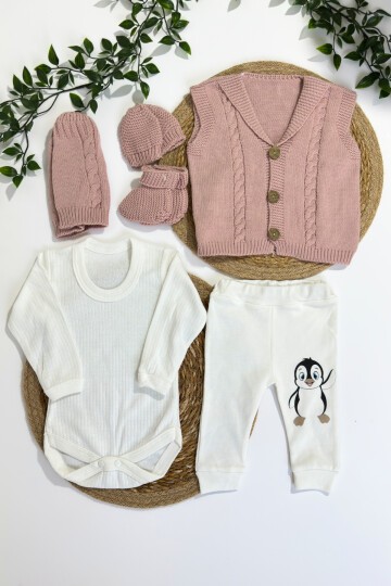 0-9 AY TRİKO YELEKLİ PENGUENLİ 6LI TAKIM PEMBE