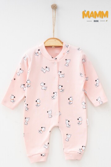 1-3-6  AY KÜÇÜK KÖPEKCİK DESENLİ MANŞETLİ TULUM PEMBE