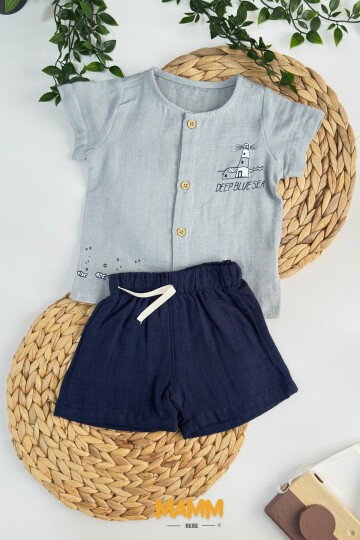 6-24 AY BİYE YAKALI BALIK BASKILI 2Lİ MÜSLİN TAKIM GRİ