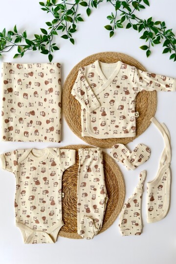 7Lİ HASTAHANE ÇIKIŞ SETİ KEDİLİ EKRU