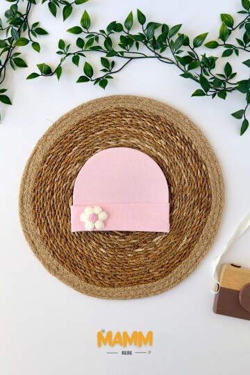 ÇİÇEK KABARTMALI BEBEK BERESİ PEMBE